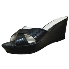 Womens's J.LITVACK. •Sutton• Black Reptile Platform Wedge Slide 10M