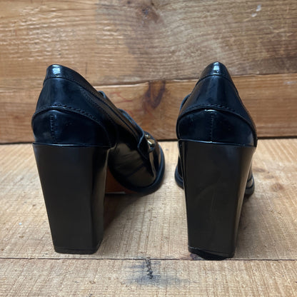 LUXURY REBEL Women's High Healed Gold-tipped Kiltie Penny Loafer Pump. 37EU/US 6.5-7  Black Polished Leather