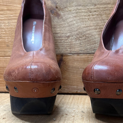 UNITED NUDE Women's Abstract Rustic Wood Platform High Heel 39 Brown Leather