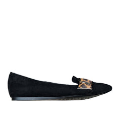 ELLEN TRACY Women's •Fig• Black Suede /Leopard Pony Pointed-toe Slip-on flat 8M