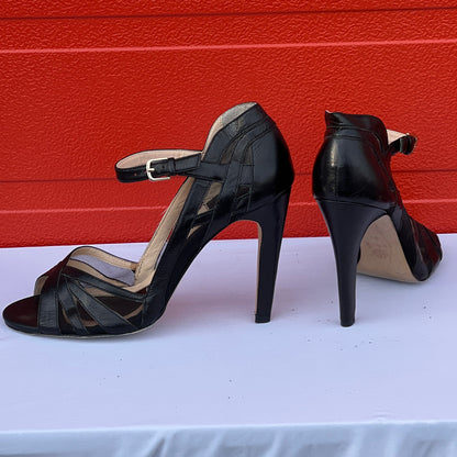 Isola Women's •Braewyn• Peep-toe Ankle Strap Sandal 9.5M Mesh/Black Leather