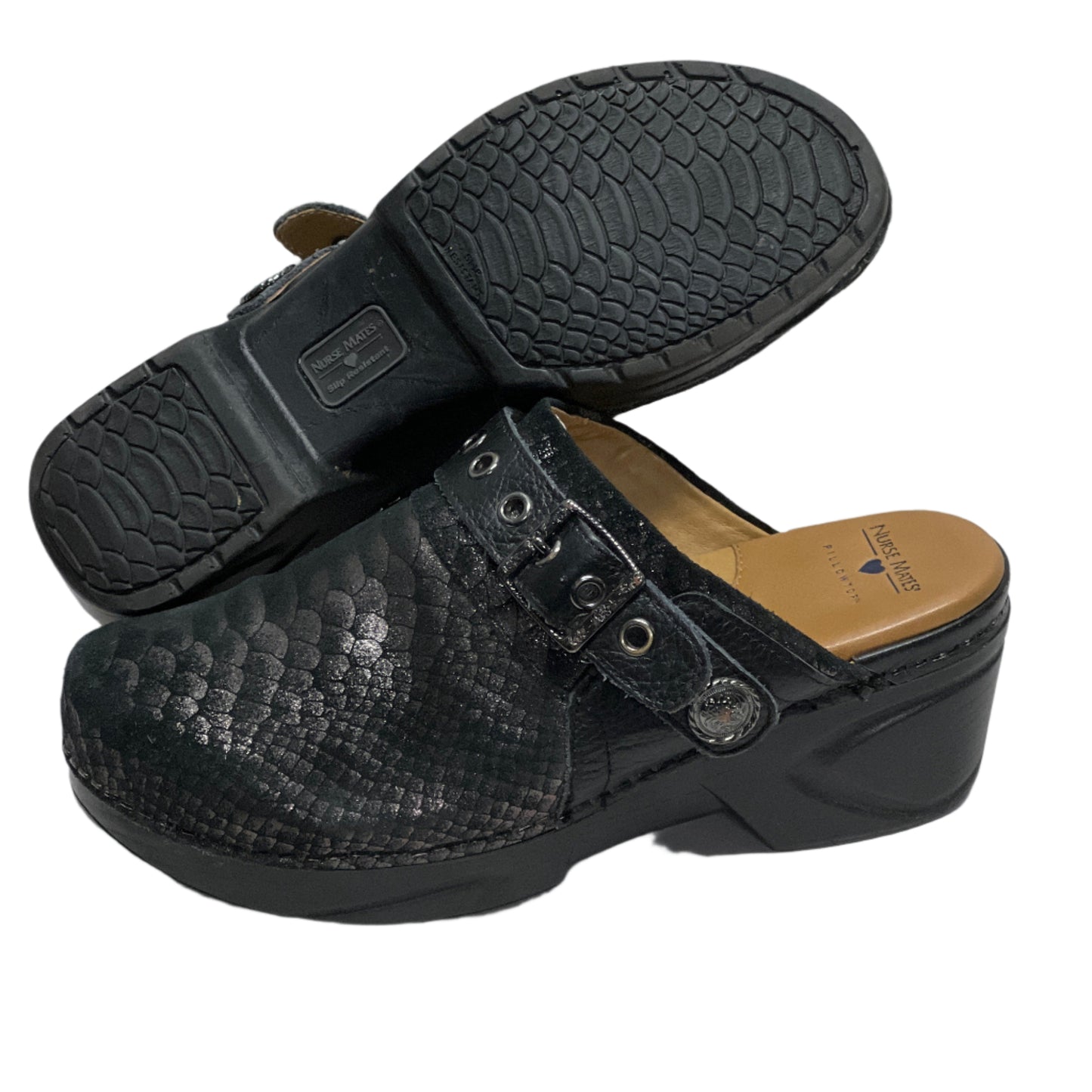 Women’s Nurse Mates Casey Pillow-top Open-back Clog 9M Black Printed Silver Scaled Leather