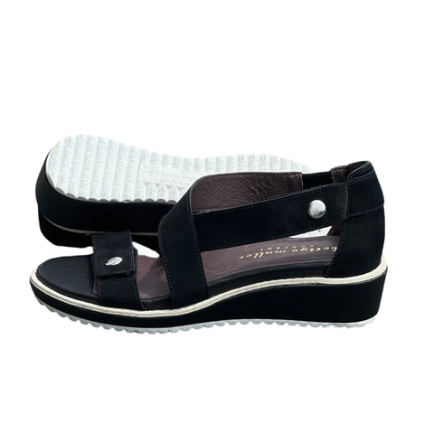 Women’s Bettye MULLER Concept Cross Band Hook&Loop Ankle Strap Wedge Sandal 6M. Black Nubuck Leather