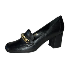 TAHARI Women's Lulu Chunky-Heeled  Gold Chain Loafer - Black Leather 7M