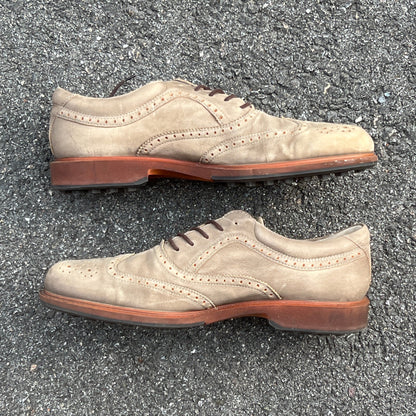 Men’s Ecco Wing-Tip  Cleat-less Golf Shoe 44EU • Taupe NuBuck • Hydromax Leather
