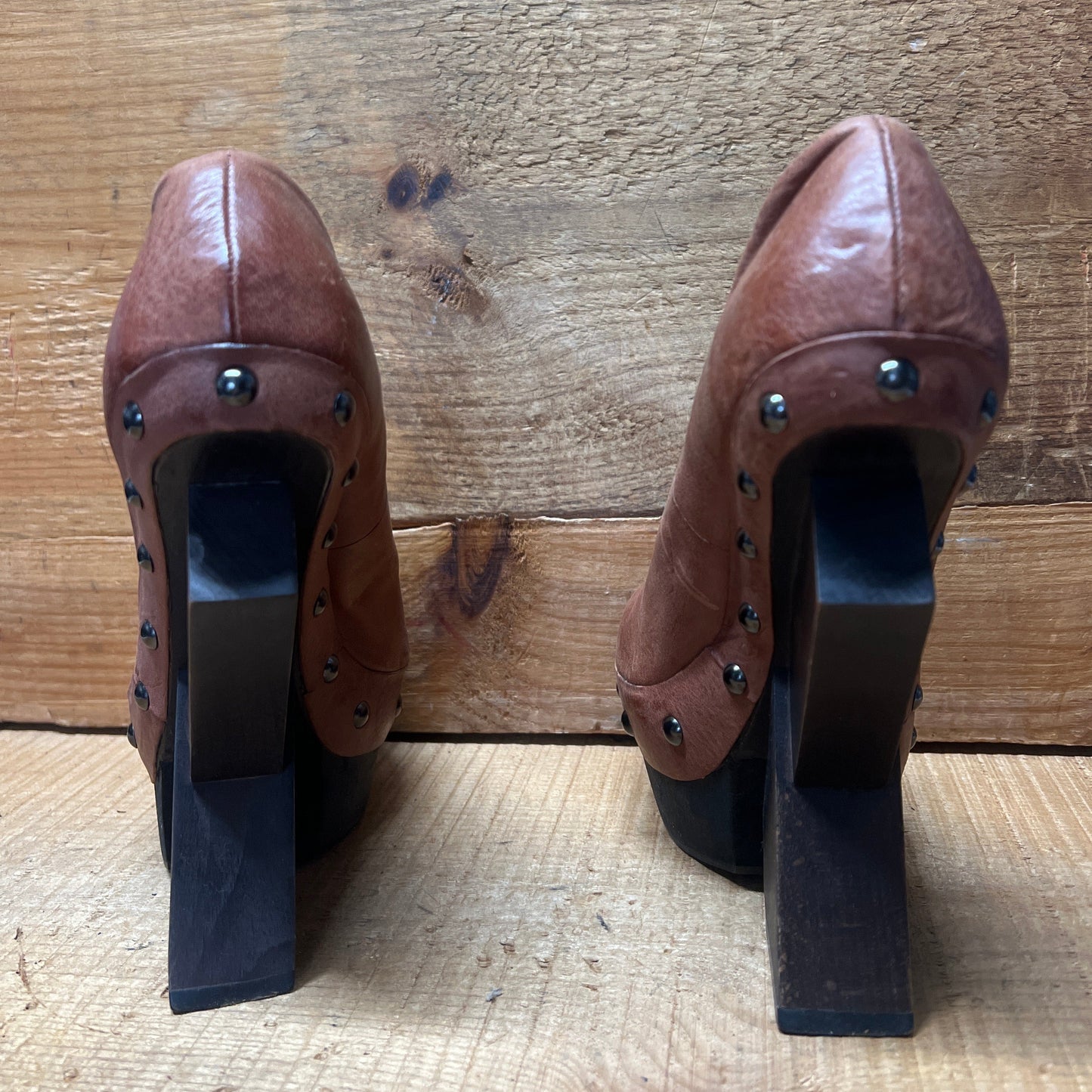 UNITED NUDE Women's Abstract Rustic Wood Platform High Heel 39 Brown Leather