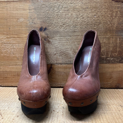 UNITED NUDE Women's Abstract Rustic Wood Platform High Heel 39 Brown Leather
