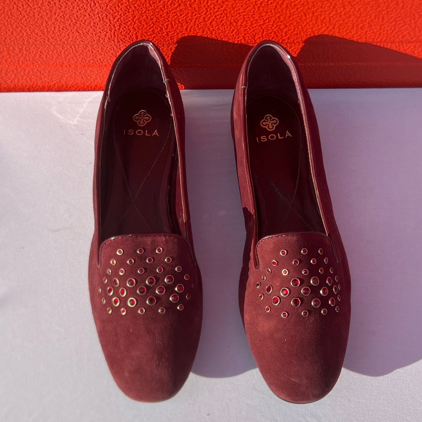 Woman’s Isola •Donna• Jeweled Smoking Shoe 10M Maroon Suede Leather